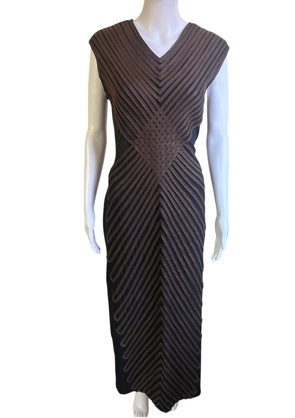 IKA 100% Linen Maxi Dress Womens 10 Brown Black Woven Applique Wearable Art